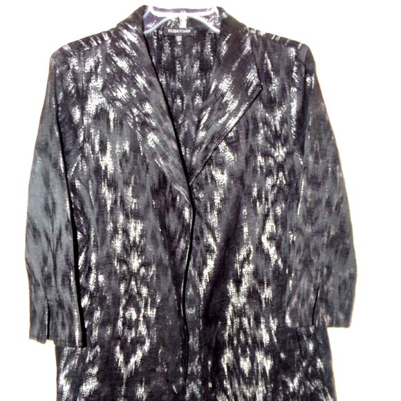 EILEEN FISHER SZ. M, BLACK-SILVER LONG SLEEVE LONG OPEN FRONT DRESS JACKET - Picture 1 of 8